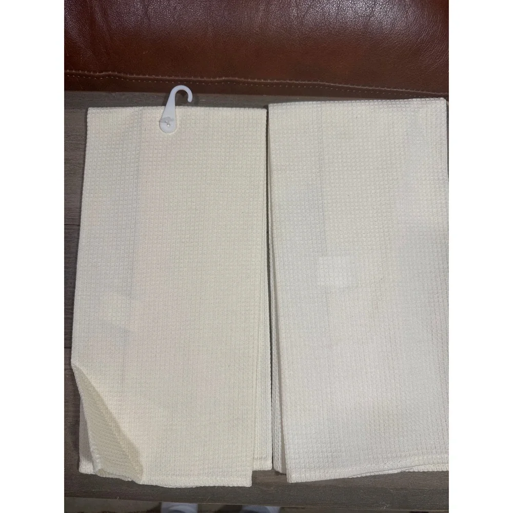 Ivy Banana Palm Tree Embroidered Waffle Weave Cotton Kitchen Towels Cream Set /2
